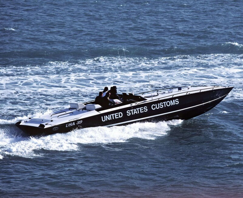 Don Aronow, a designer and racer of speedboats, built this sleek workhorse called Blue Thunder for the United States Customs Service to patrol the coastal waters for drug smugglers like John Paul. A total of fourteen were built. But they were too slow.