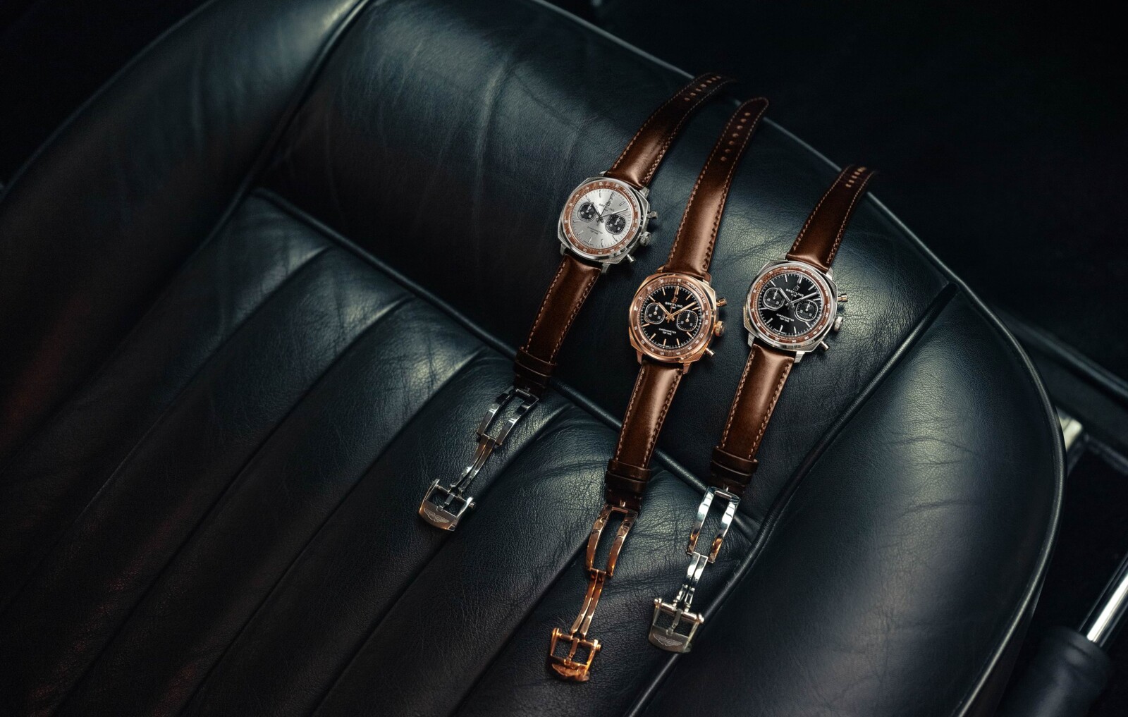<b>The Breitling Top Time B01 Chronograph 41 Tribute to Aston Martin DB5 is available in three versions:</b><br>From left to right: The stainless steel version with a silver dial is limited to 1,022 pieces, the 18-carat rose gold variant with an onyx dial is available in a run of 250 individually numbered pieces, and the steel and platinum version with a black lacquered dial is available in a run of 315 pieces.